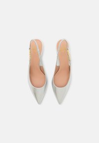 Hopeiset slingback-korkokengät, joissa on terävä kärki, sileä metallinen pinta ja kultainen yksityiskohta kantaremissä.