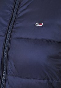 Piumino blu navy con cerniera centrale, caratterizzato da un piccolo logo ricamato in rosso, bianco e nero. Tessuto liscio, design trapuntato.
