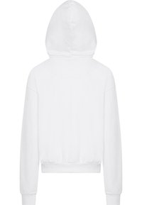 White, hooded sweatshirt with a soft texture. Features ribbed cuffs and waistband. Simple design with no visible patterns or hardware.