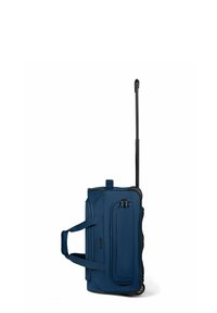 Borsa da viaggio con ruote blu, manico telescopico nero estensibile, tasca laterale con zip e maniglie per il trasporto in tessuto doppie.