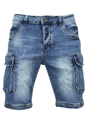 Denim cargoshorts in lichtblauw met een vervaagde afwerking. Beschikt over zijzakken, een knoopsluiting en omgeslagen zoom voor een relaxte pasvorm.