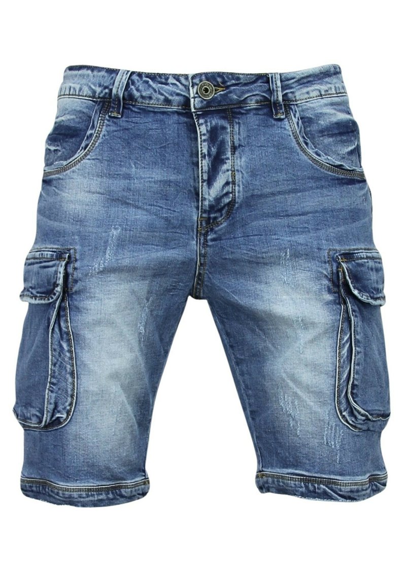 Denim cargoshorts in lichtblauw met een vervaagde afwerking. Beschikt over zijzakken, een knoopsluiting en omgeslagen zoom voor een relaxte pasvorm.