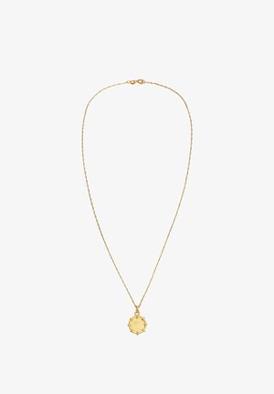 Collier délicat en chaîne d'or avec un petit pendentif rond en forme d'éclat solaire et un fermoir à ressort sur fond blanc.