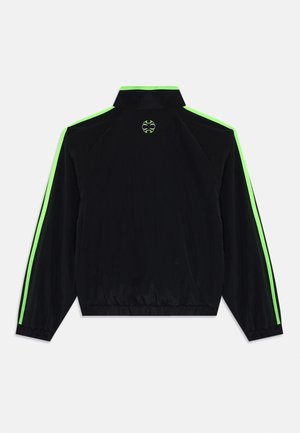 Black jacket with a high collar, featuring green accents along the sleeves and a logo on the back. Smooth texture and elastic waist.