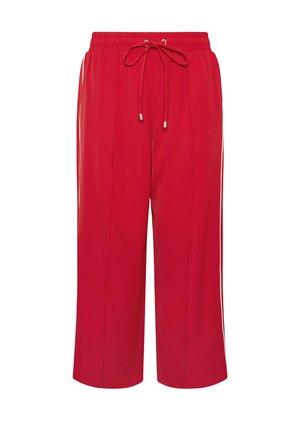 Rode cropped broek met een elastische tailleband, koordsluiting en zijsstripes. Gemaakt van een gladde, lichte stof.