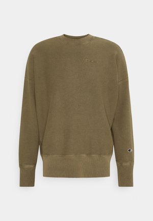 Olive green sweatshirt made of soft fabric, featuring a crew neckline, ribbed cuffs, and a small embroidered logo on the chest and sleeve.