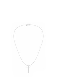 Hõbedast kettkaelakee tekstuurse risti ripatsiga, turvalise kinnituse ja sujuva disainiga. Rist on esiplaanil keskel.