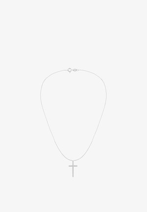 Zilveren ketting met een textuur kruis hanger, stevige sluiting en een strak ontwerp. Het kruis staat centraal en is opvallend.