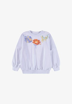 Lilla sweatshirt med rund hals, ballonærmer og elastisk kant. Udsmykket med blomsterbroderi i orange, blå og grøn. Blød tekstur.
