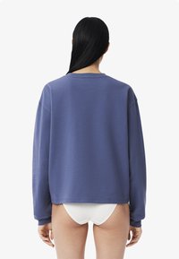 Felpa crewneck viola con maniche lunghe, vestibilità comoda e texture morbida. L'orlo arriva alla vita, design minimalista senza motivi o dettagli.