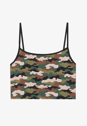 Camouflage crop top med grønne, brune og lyserøde mønstre. Lavet af blødt stof med tynde justerbare stropper og en sort kant.