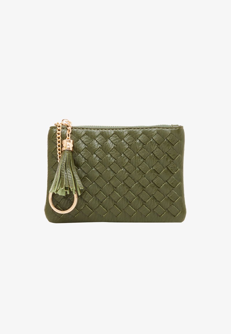 Olive green woven leather pouch with a gold zipper, featuring a tassel accent and round ring attachment. Smooth texture and rectangular shape.