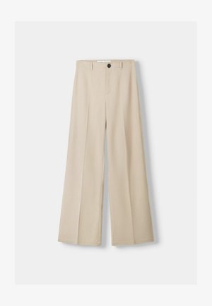 Beige wide-leg trousers with a smooth texture, featuring a front button closure and two side pockets. Tailored design and pleated front detail.