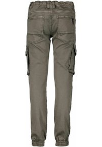 Olijfgroene cargobroek met een trekkoord in de taille, elastische boorden en meerdere zijzakken met kleppen.