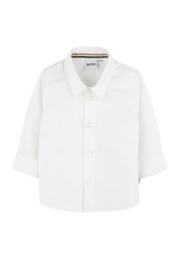 White long-sleeve shirt with a button-up front. Features a subtle pattern, button accents, and a collared neck. Brand logo inside collar.