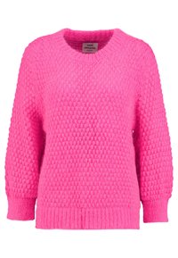 Pull en tricot rose présentant un motif de point texturé, un col en V, et des poignets et un ourlet côtelés. Fabriqué en matériau doux et moelleux.