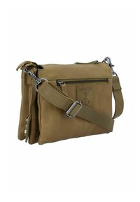 Borsa a tracolla in cuoio tan con tasca frontale con zip, tracolla regolabile e logo ancorato in rilievo. Presenta una texture liscia e accessori in argento.