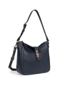 Borsa a spalla in pelle blu navy con finitura texturizzata, forma curvata, lunga tracolla regolabile e finiture in oro per la chiusura.