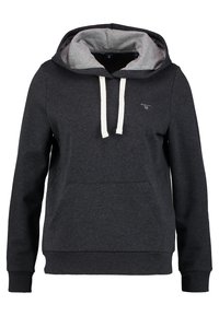 Donkergrijze hoodie van zachte stof, met een lichtgrijze binnenvoering, witte trekkoorden en een voorste kangaroozak.