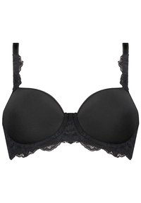 Černá podprsenka s vycpanými košíčky, krajkovým lemem podél horních okrajů a ramínek, bezešvé provedení, nastavitelná ramínka a zapínání na háček a očko na zadní straně.