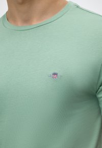 Homme portant un t-shirt vert clair à col rond avec un petit logo écusson brodé en rouge, blanc et bleu sur la poitrine.