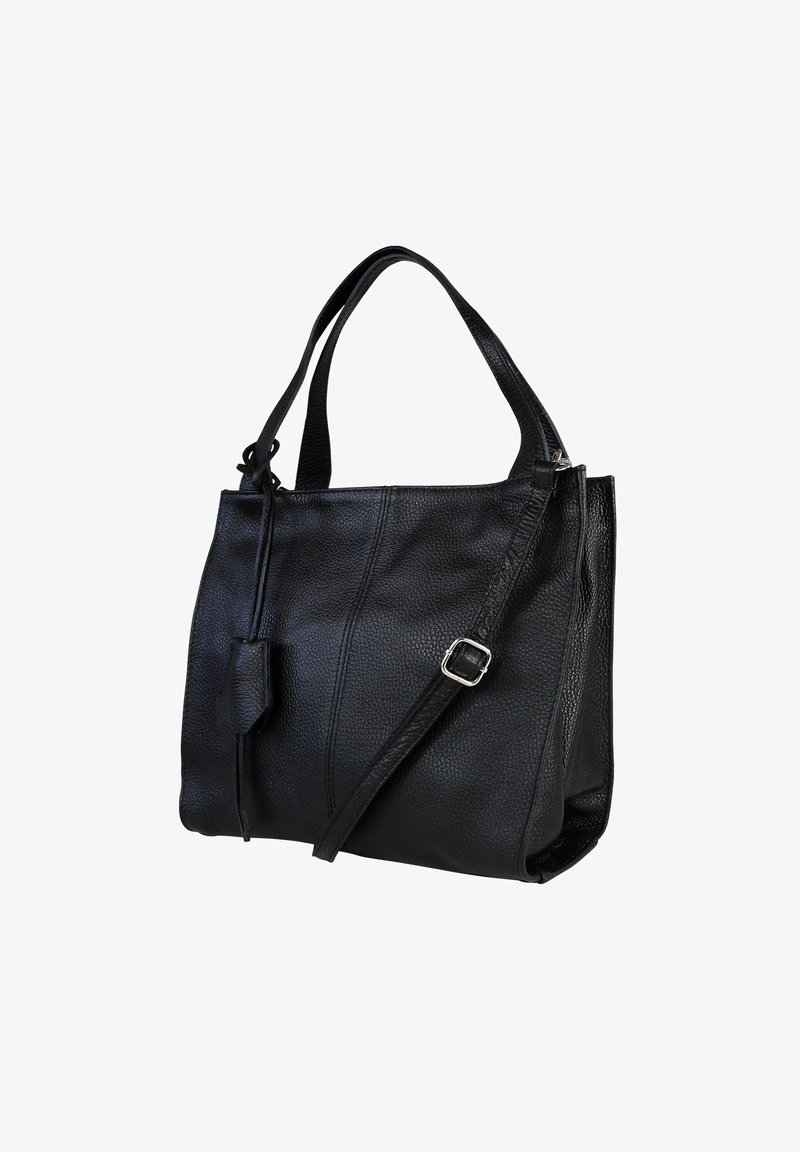 Black leather tote bag with a textured finish. Features dual handles, a removable shoulder strap, and a zipper for secure closure.