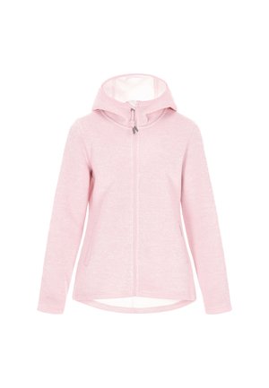 Lichtroze hooded jack met een volledige ritssluiting, twee zijzakken en een gestructureerd stoffen patroon. Beschikt over een gebogen zoom en een verstelbare capuchon.