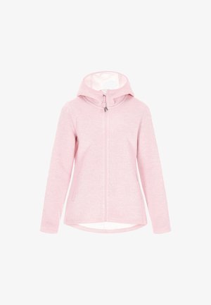 Svetlo roza jakna s kapuco in polnim zadrgo, dvema stranskima žepoma in teksturiranim vzorcem tkanine. Ima ukrivljen rob in nastavljivo kapuco.