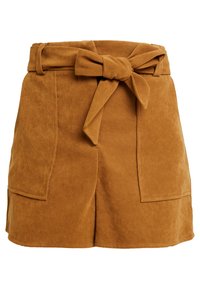 Bruna mocka shorts som har hög midja, knytbälte och två framfickor. Texturen är slät med matt yta.