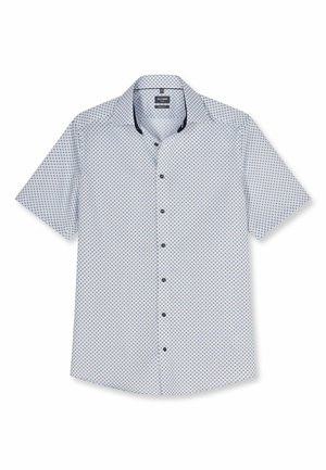 Wit overhemd met korte mouwen, knoopsluiting, met een klein blauw-zwart cirkelpatroon, een open kraag en een zwarte binnenbies bij de kraag.