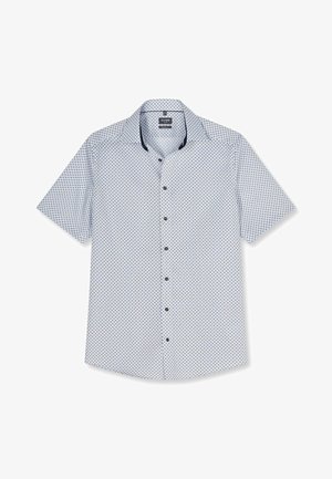 Wit overhemd met korte mouwen, knoopsluiting, met een klein blauw-zwart cirkelpatroon, een open kraag en een zwarte binnenbies bij de kraag.