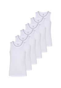 Pakke med seks hvide bomulds tanktoppe med ærmeløst design, rund hals og klassisk pasform. Glat tekstur og ensartet udseende.