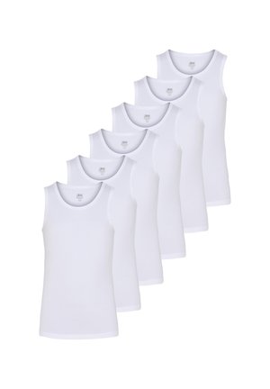 Pakke med seks hvide bomulds tanktoppe med ærmeløst design, rund hals og klassisk pasform. Glat tekstur og ensartet udseende.