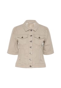 Beigen värinen, raidallinen lyhythihainen takki, jossa on napitettava etu, kaksi rintataskua ja klassinen kaulus. Pehmeä kangas, jossa hienovaraiset tekstuurielementit.