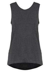 Mörkgrå ärmlös topp med rund halsringning, mjukt strukturerad tyg och en något längre bakre fåll. Inga synliga mönster eller detaljer.