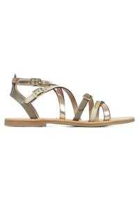 Metalen gouden en zilveren platte sandalen met meerdere banden, verstelbare gespen en een gladde houten zool. Eenvoudig ontwerp met minimale hardware.