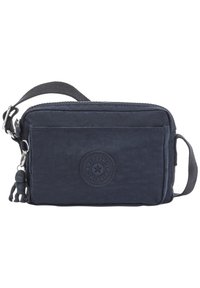 Borsa a tracolla in nylon blu navy con finitura texturizzata, tasca frontale con zip e un logo rotondo con un charm a forma di scimmia.