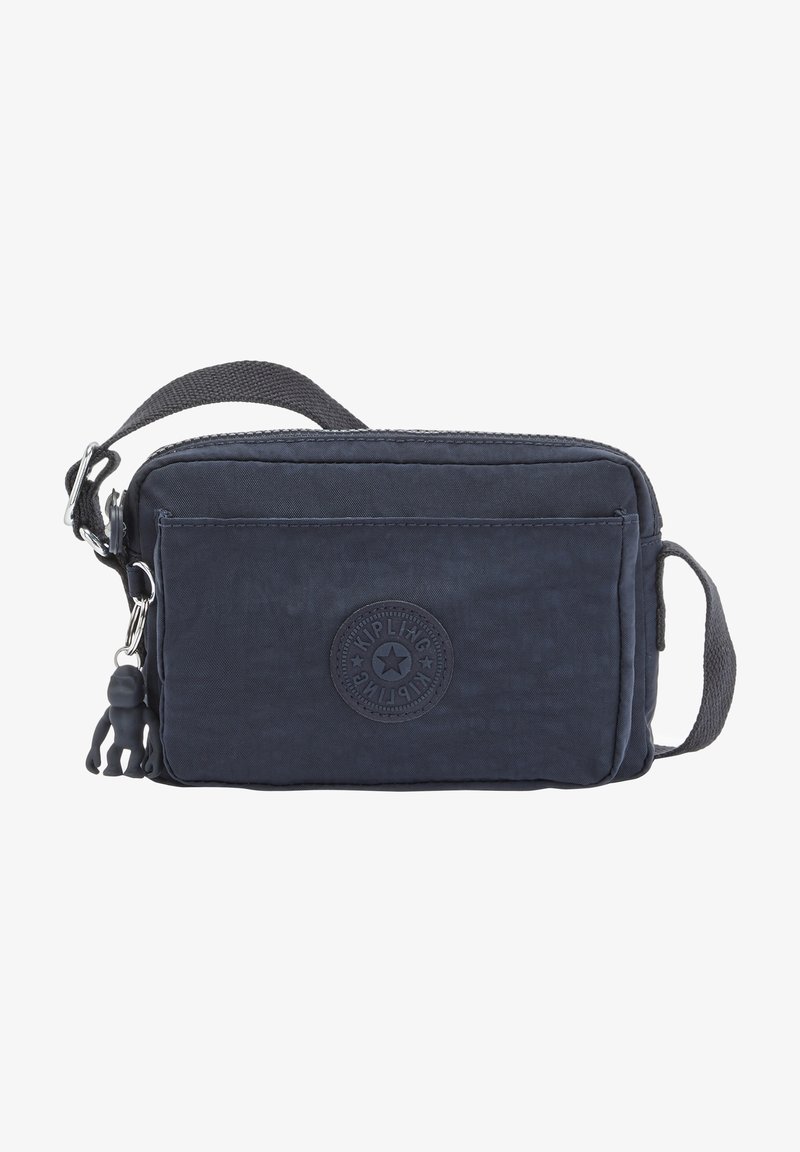 Navyblaues Nylon-Crossbody-Bag mit strukturierter Oberfläche, einer vorderen Reißverschlusstasche und einem runden Logopatch mit einem Affenschmuck.