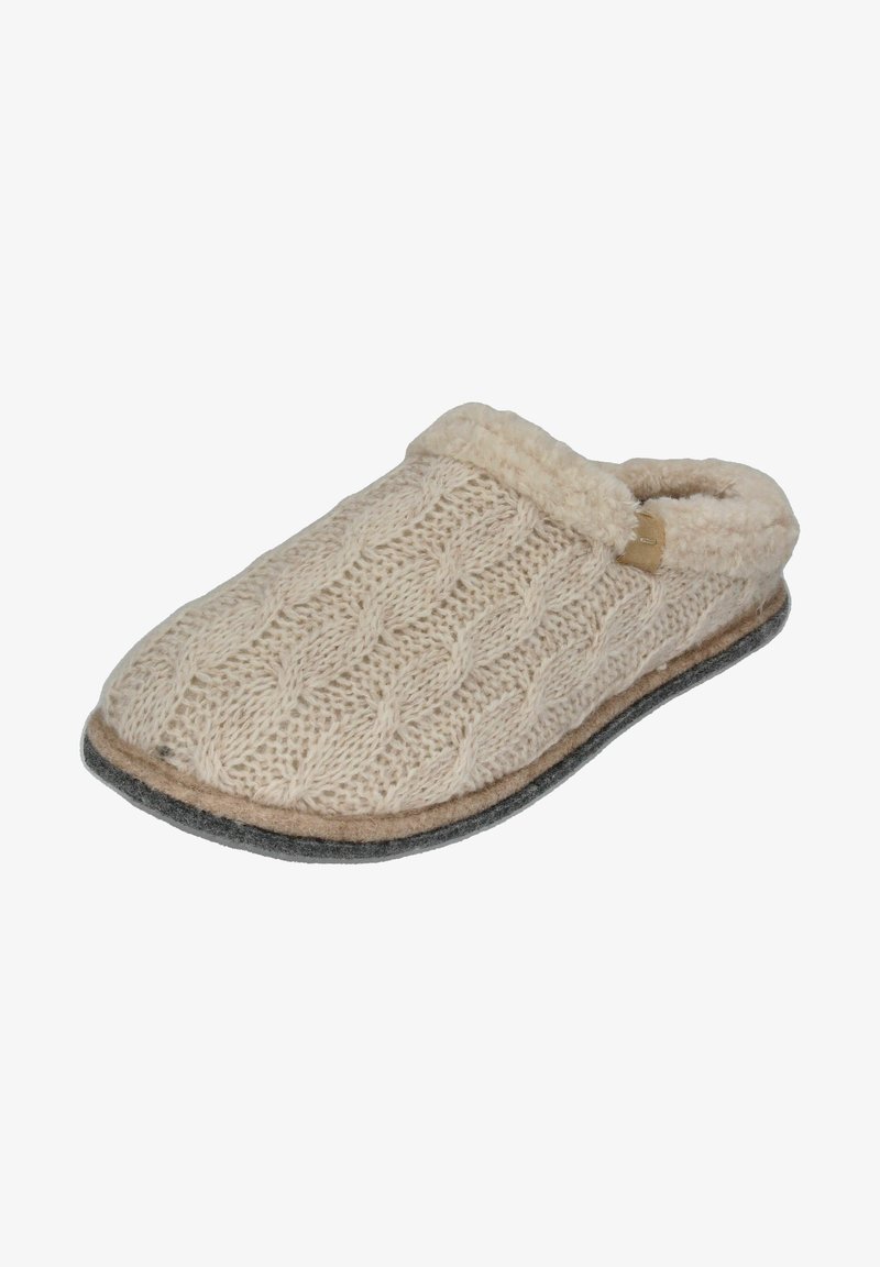 Knitted cream slipper with a textured pattern, soft fleece lining, and gray rubber sole. Features a lightweight, slip-on design.