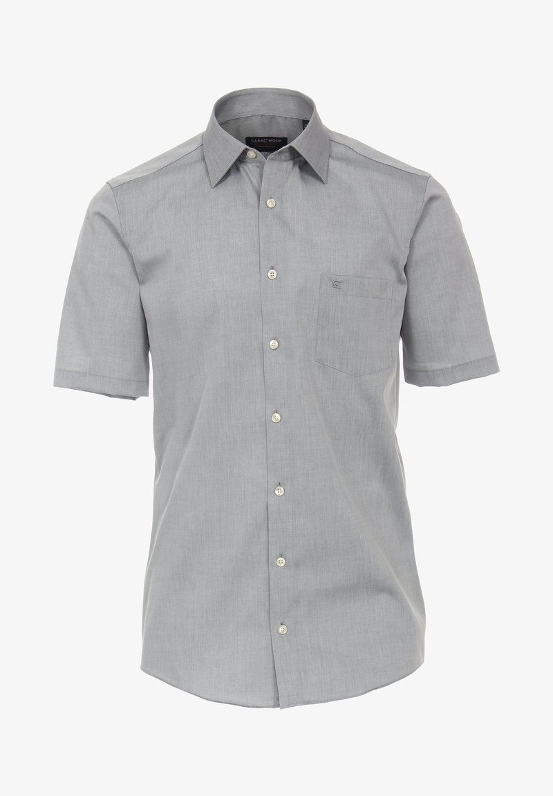 Kurzärmliges graues Hemd mit Knopfleiste, einer linken Brusttasche und einem klassischen Kragen, aus einem strukturierten Stoff gefertigt.