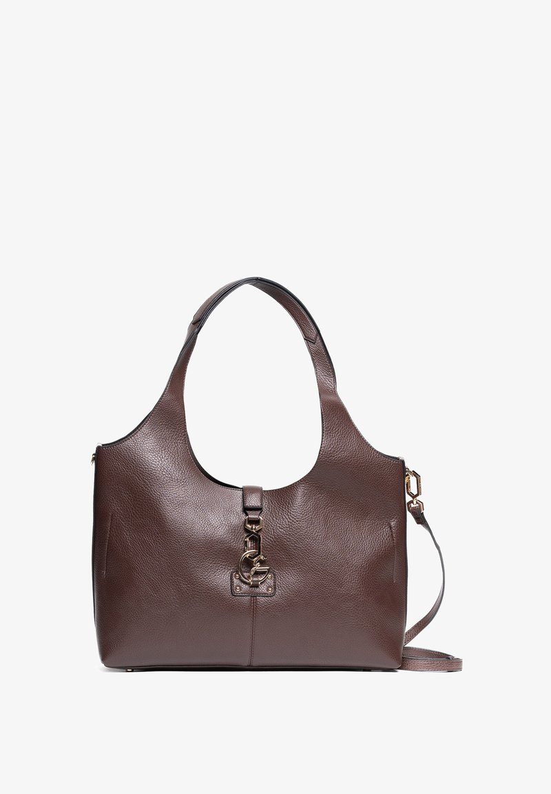 Brun skuldertaske i læder med struktureret finish, afrundet form, top håndtag, aftagelig rem og detaljer i guldtonet metal.