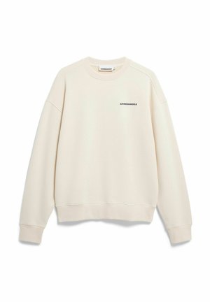 Beiger Pullover mit gerippten Bündchen und Saum, Rundhalsausschnitt und schwarzem "ARMEDANGELS"-Logo auf der Vorderseite. Weicher Stoff, lässige Passform.