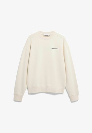 Beiger Pullover mit gerippten Bündchen und Saum, Rundhalsausschnitt und schwarzem "ARMEDANGELS"-Logo auf der Vorderseite. Weicher Stoff, lässige Passform.