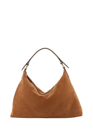 Brown suede shoulder handbag with single strap and zipper closure, triangular shape, photographed on a white background.