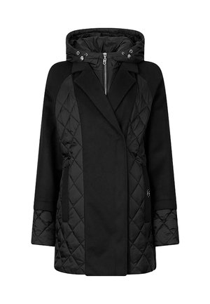 Cappotto nero con una texture trapuntata sulle maniche e sui lati, un cappuccio e una chiusura frontale con zip e bottoni a pressione.