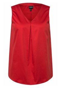 Blusa rossa senza maniche con scollo a V, realizzata in tessuto morbido. Presenta una piega sulla parte anteriore e un orlo curvo. Design semplice, senza motivi visibili.