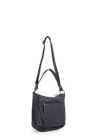 Dunkelblaue Leder-Schultertasche mit verstellbarem Riemen, ausgestattet mit einer Vorderzippertasche und einer strukturierten Oberfläche. Abgerundete Form und weiche Kanten.