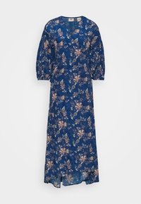 Robe maxi florale bleu marine avec des manches bouffantes, présentant un décolleté en V et un tissu léger et texturé. Motif floral dans des tons de rose et de crème.