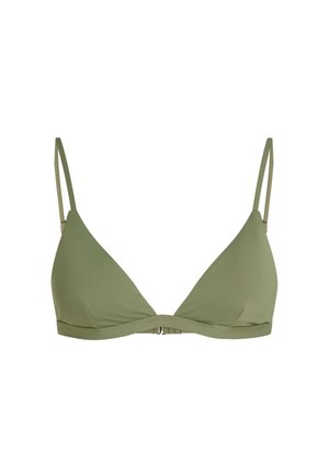 Vrchní díl bikin olivově zelené barvy s trojúhelníkovým tvarem, tenkými ramínky a zapínáním na sponu vzadu. Hladká látka, minimalistický styl.
