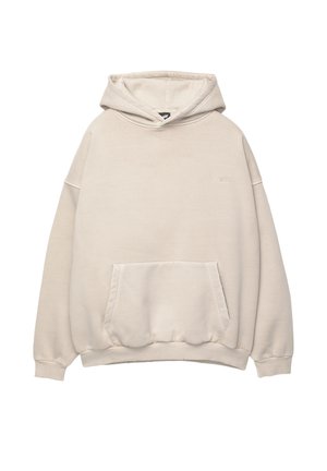 Felpa con cappuccio beige realizzata in morbido tessuto di cotone. Presenta una tasca a marsupio e polsini a coste, con un piccolo logo ricamato sul petto.